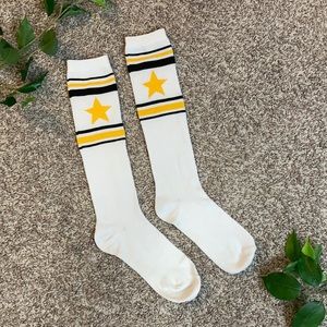 Knee High White Yellow Black Stripes Star Socks Calf Height Vintage Style